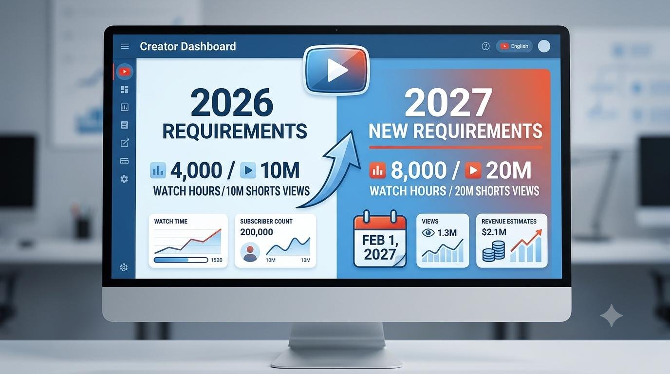 YouTube monetization requirements 2027 showing 8000 watch hours and 20 million Shorts views